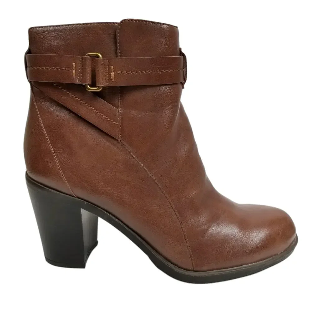 Franco Sarto Nino Women's Brown Faux Leather Stacked Heel Ankle Boots Size 8.5